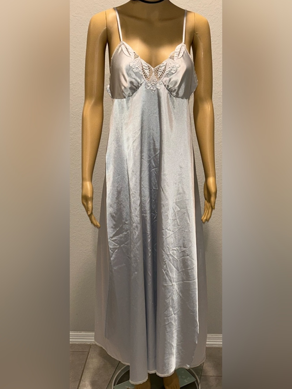 Long Satin Lace-Trim Slip Nightgown in Light Silvery blue